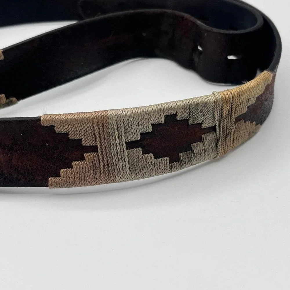Vintage Leather Belt Handwoven‎ Inlay Western Rustic Buckle Brown